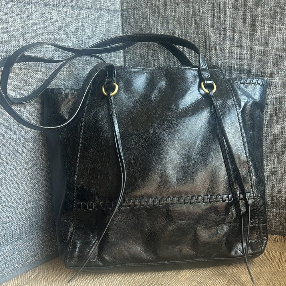 HOBO Black Leather Tote with Double Handles and Silver Hardware